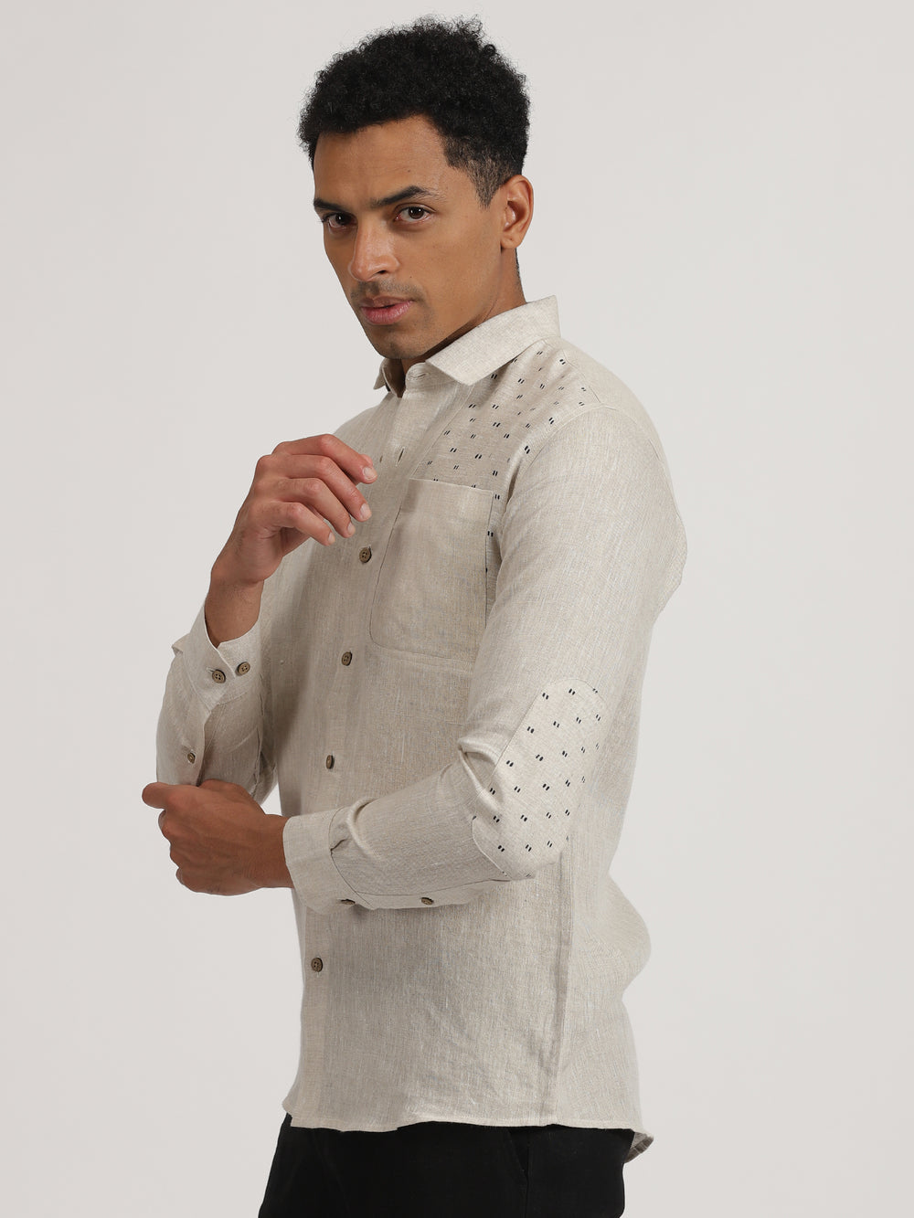 Ryker - Pure Linen Block Printed Dobby Full Sleeve Shirt - Ecru