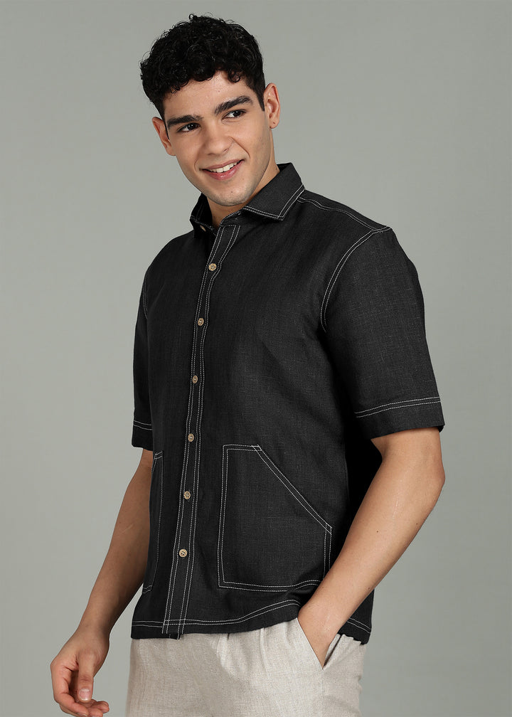Holt - Pure Linen 25 Lea Shirt with Contrast Stitch Details - Black