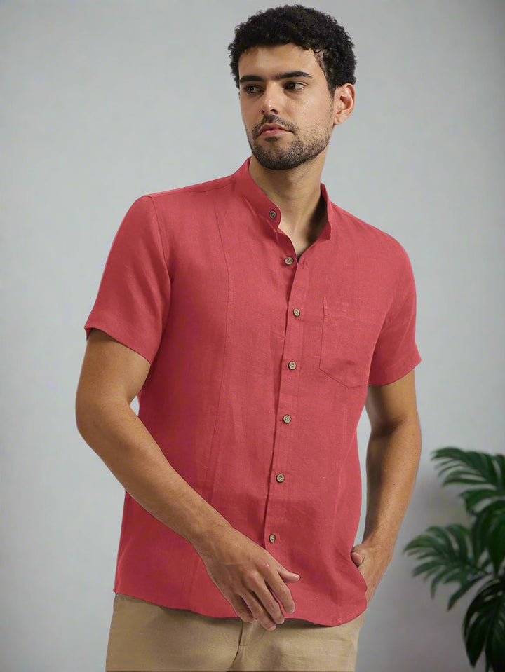 Trevor - Pure Linen Mandarin Collar Half Sleeve Shirt - Coral Peach