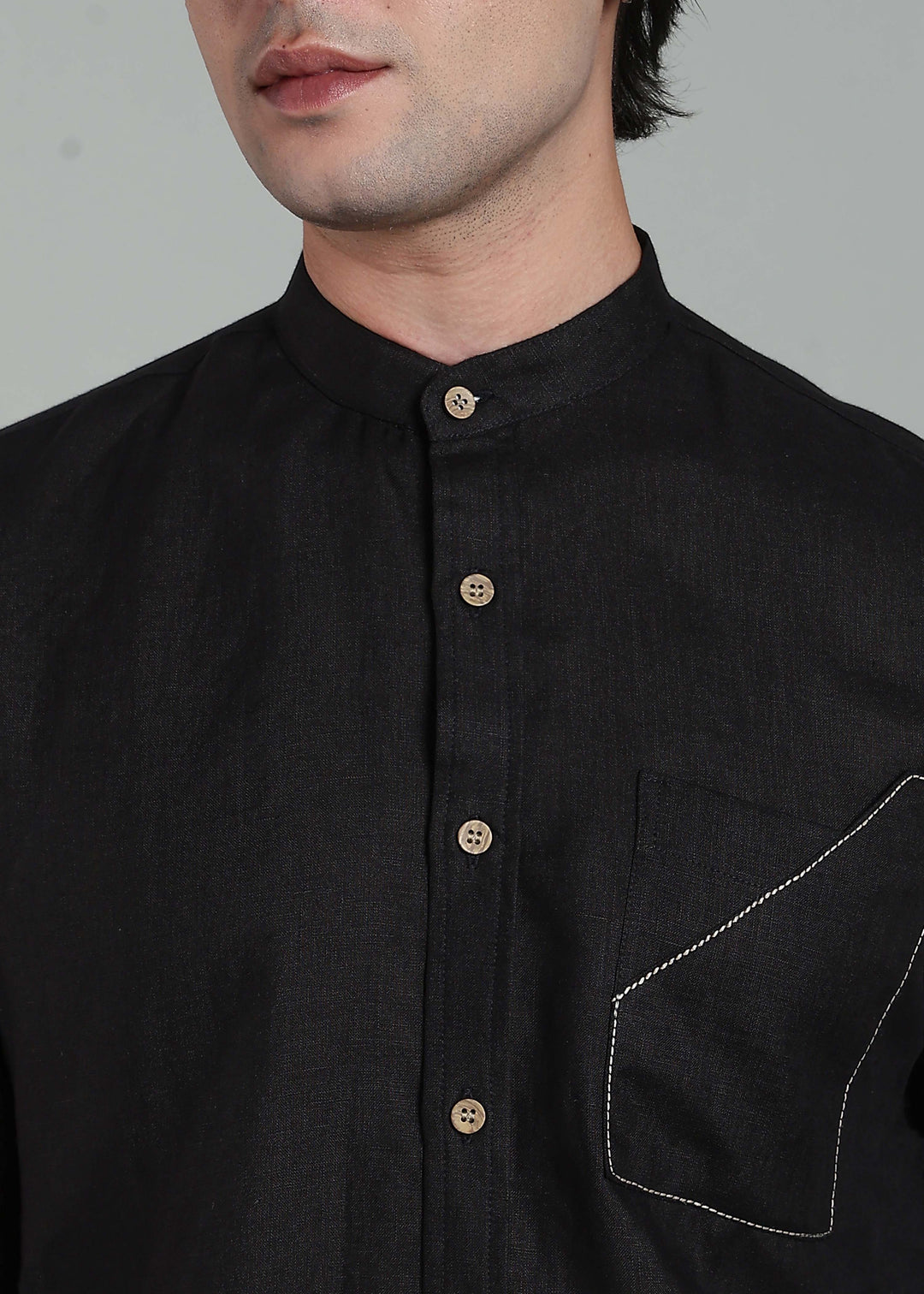 Noir - Pure Linen Full-Sleeve Shirt with Utilitarian Pocket Detail - Black