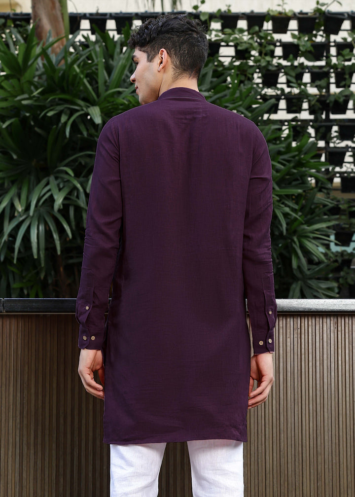 Ryan - Full Sleeve Band Collar Pure Linen Kurta with Pintuck Detailing - Dark Purple
