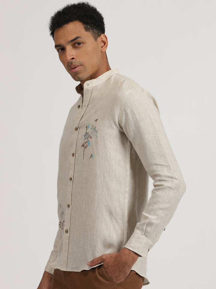 Wilson - Pure Linen Hand Embroidered Full Sleeve Shirt - Ecru