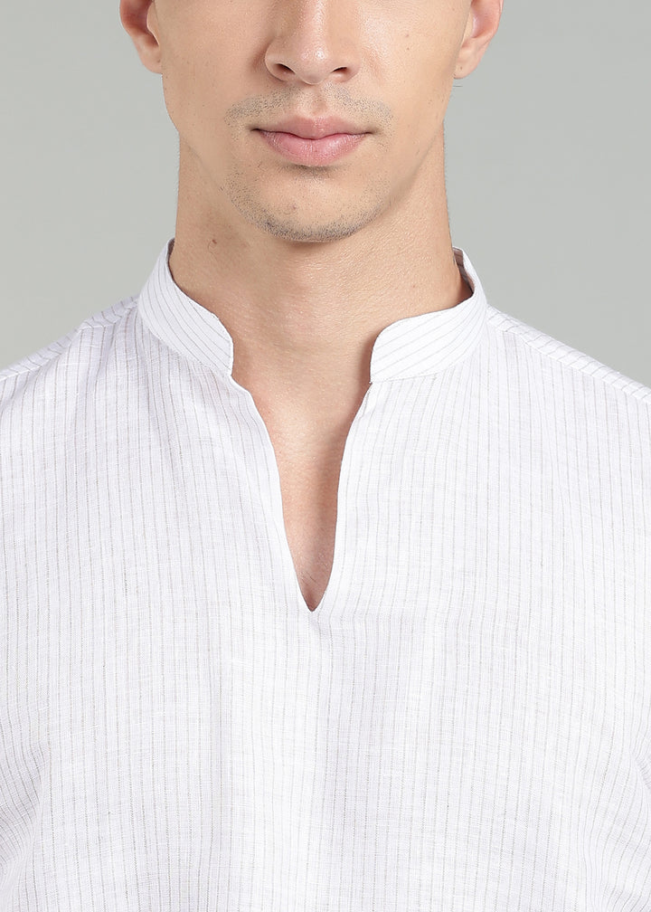 Zodiac - Pure Linen Mandarin Collar Relaxed T-Shirt - Brown Pinstripe