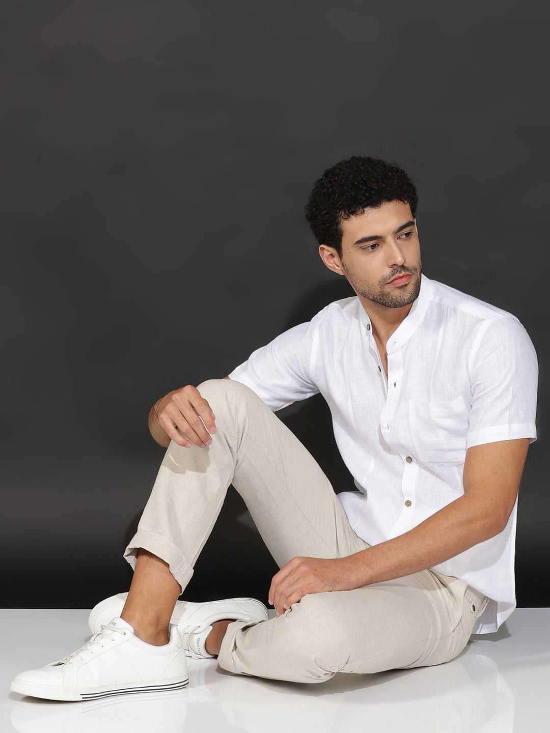 Trevor - Pure Linen Mandarin Collar Half Sleeve Shirt - White