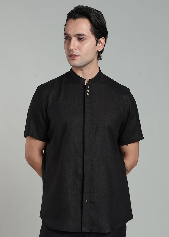 Mavro - Pure Linen Half Sleeve Shirt with Button Detail – Black