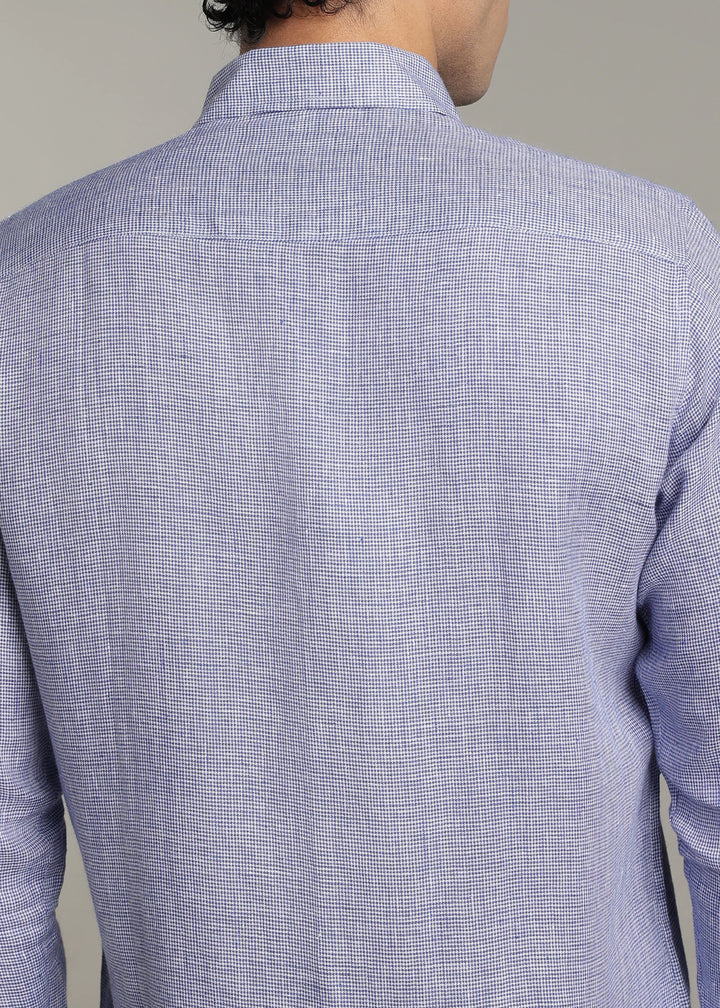 Harvey - Pure Linen Full Sleeve Shirt - Blue Houndstooth