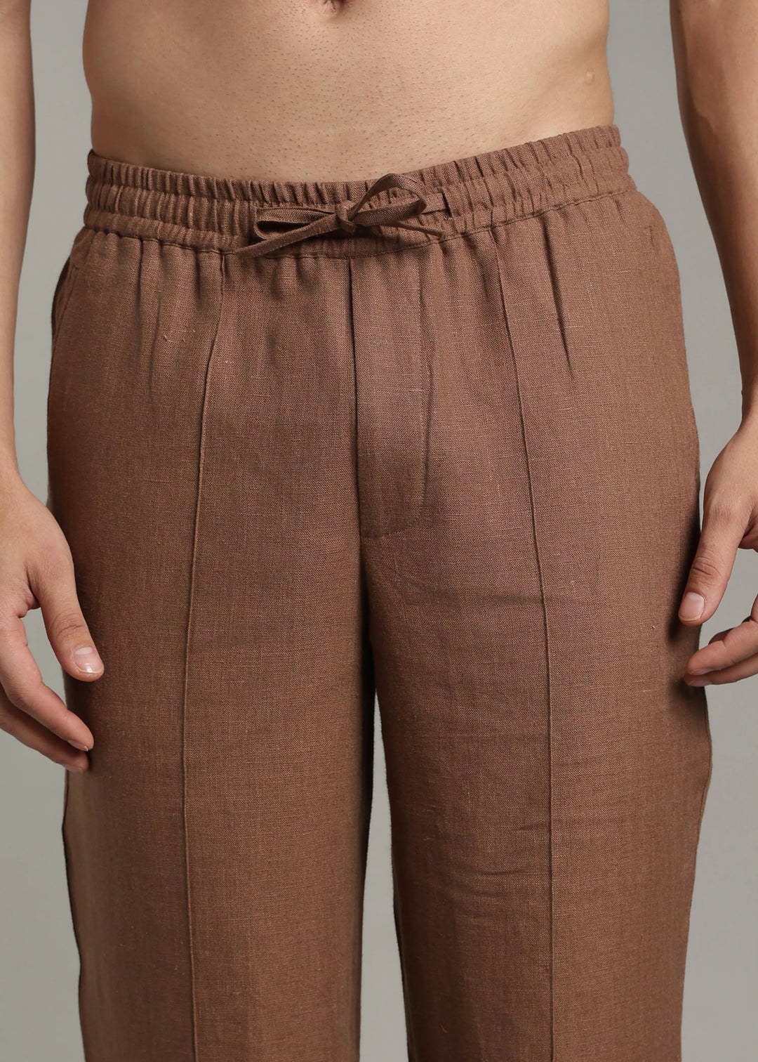 Art Pants - Pure Linen Elastic Casual Pants with Drawstrings - Walnut Brown