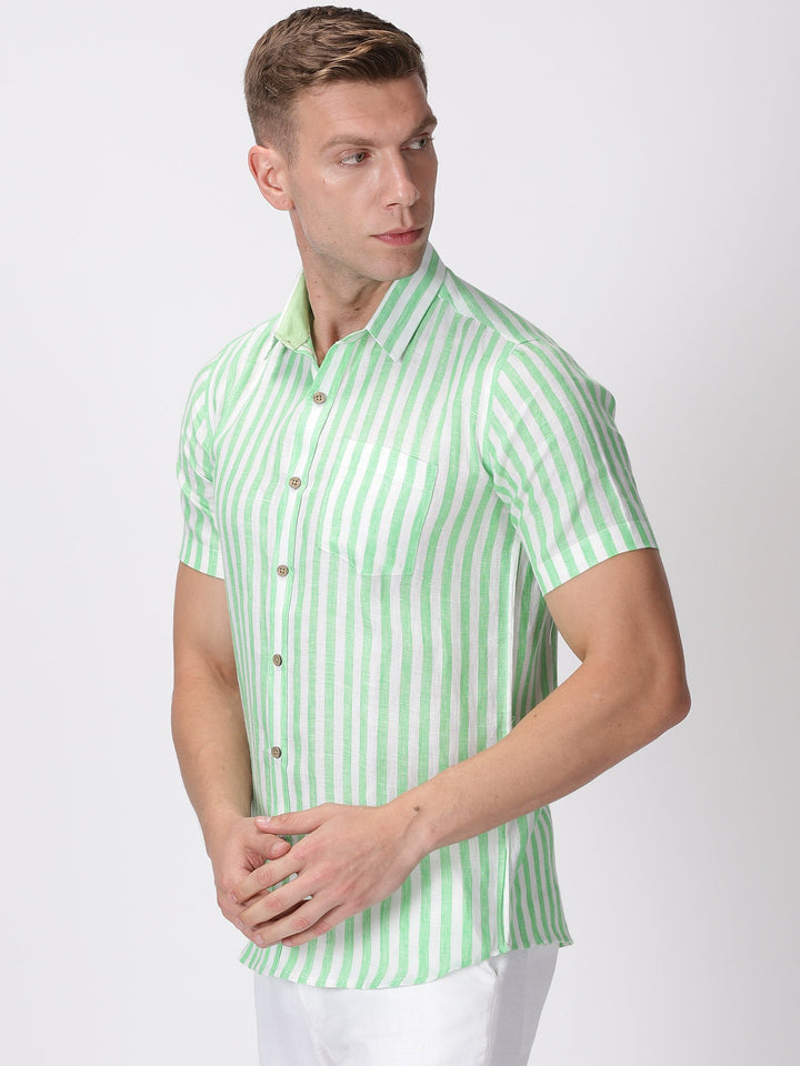 Arthur - Pure Linen Short Sleeve Shirt - Awning Green Stripes | Rescue