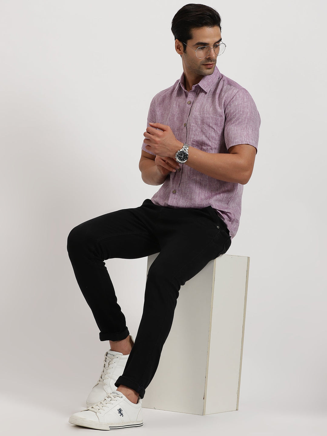 Bryce - Pure Linen Chambray Half Sleeve Shirt - Lilac | Relove