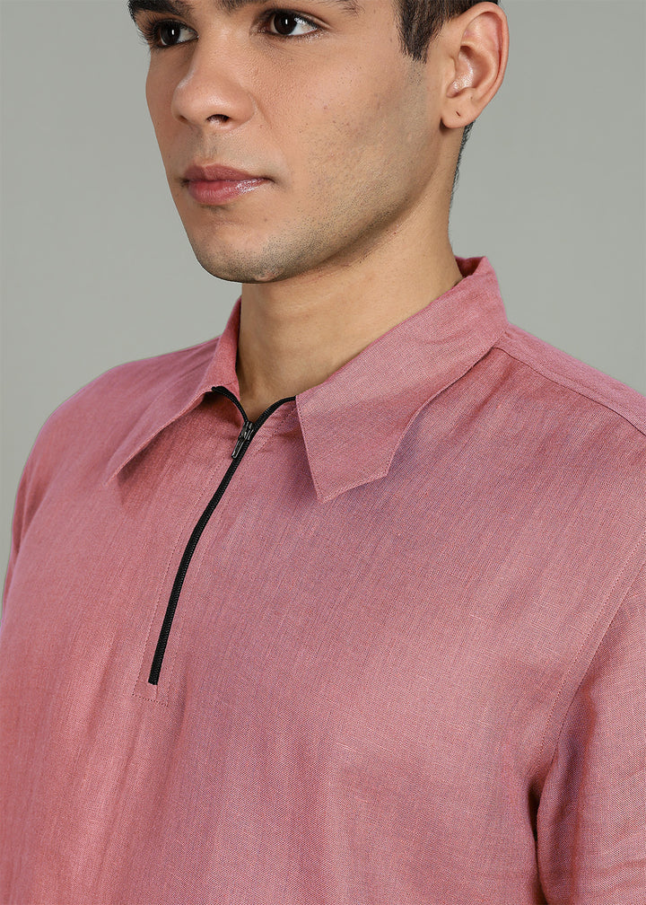 Aero - Pure Linen Front Zipper T-Shirt with Stylized Collar - Dusty Pink
