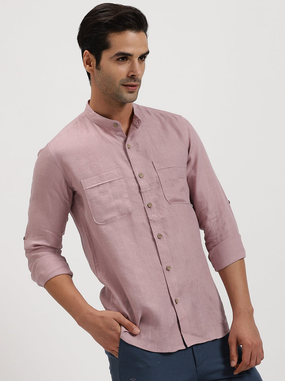 Luca - Pure Linen Double Pocket Full Sleeve Shirt - Lilac | Rescue