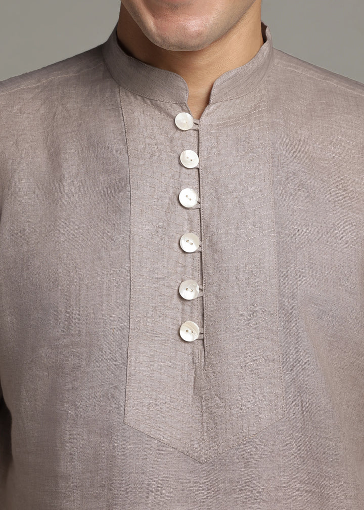 Taj - Pure Linen Long Kurta with Yolk Stitch Detail and Mother Of Pearl Buttons - Fawn Brown