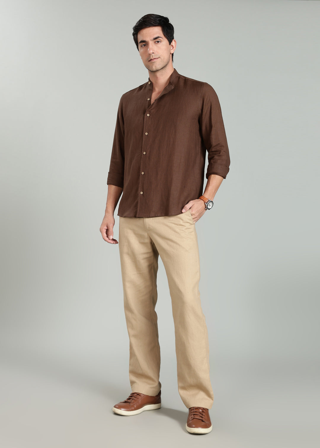 Floyd Shirt - Pure Linen Mandarin Collar Shirt - Coffee Brown