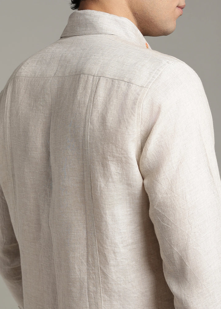 Amber - Pure Linen Full Sleeve Shirt with Embroidered Collar - Ecru