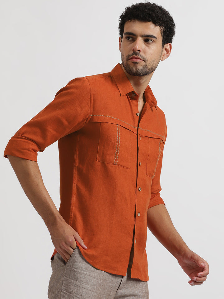 Xander - Pure Linen Double Pocket Embroidered Full Sleeve Shirt - Rust