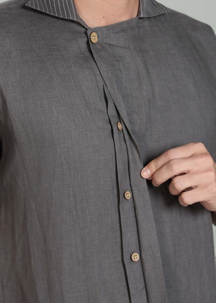 Sean Shirt - Pure Linen Half Sleeve Shirt with Concealed Placket - Charcoal Grey
