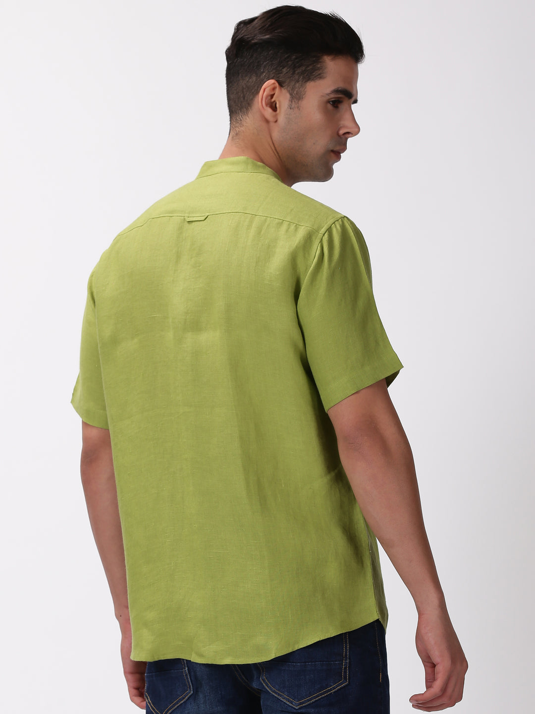 Enzo - Pure Linen Mandarin Collar Half Sleeve Shirt - Peridot Green