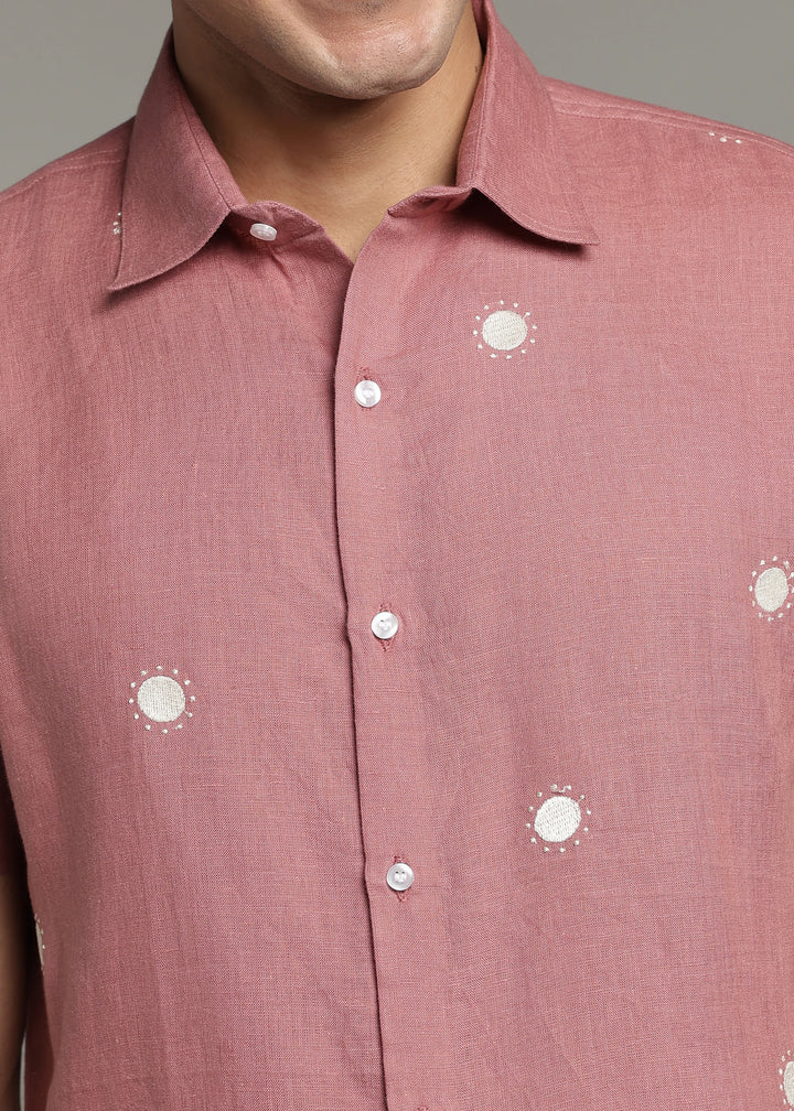 Dot - Pure Linen Embroidered Half Sleeve Shirt - Dusty Pink