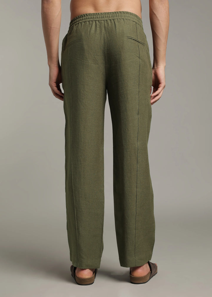 Art Pants - Pure Linen Elastic Casual Pants with Drawstrings - Military Green