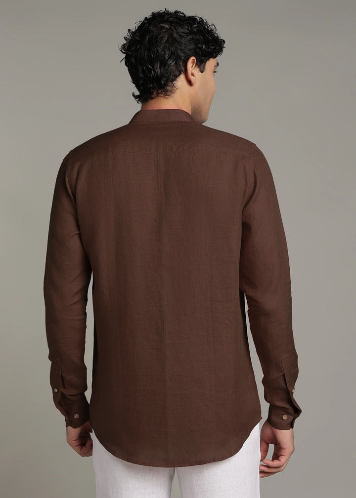 Yue - Pure Linen V Neck Full Sleeve Shirt - Coffee Brown