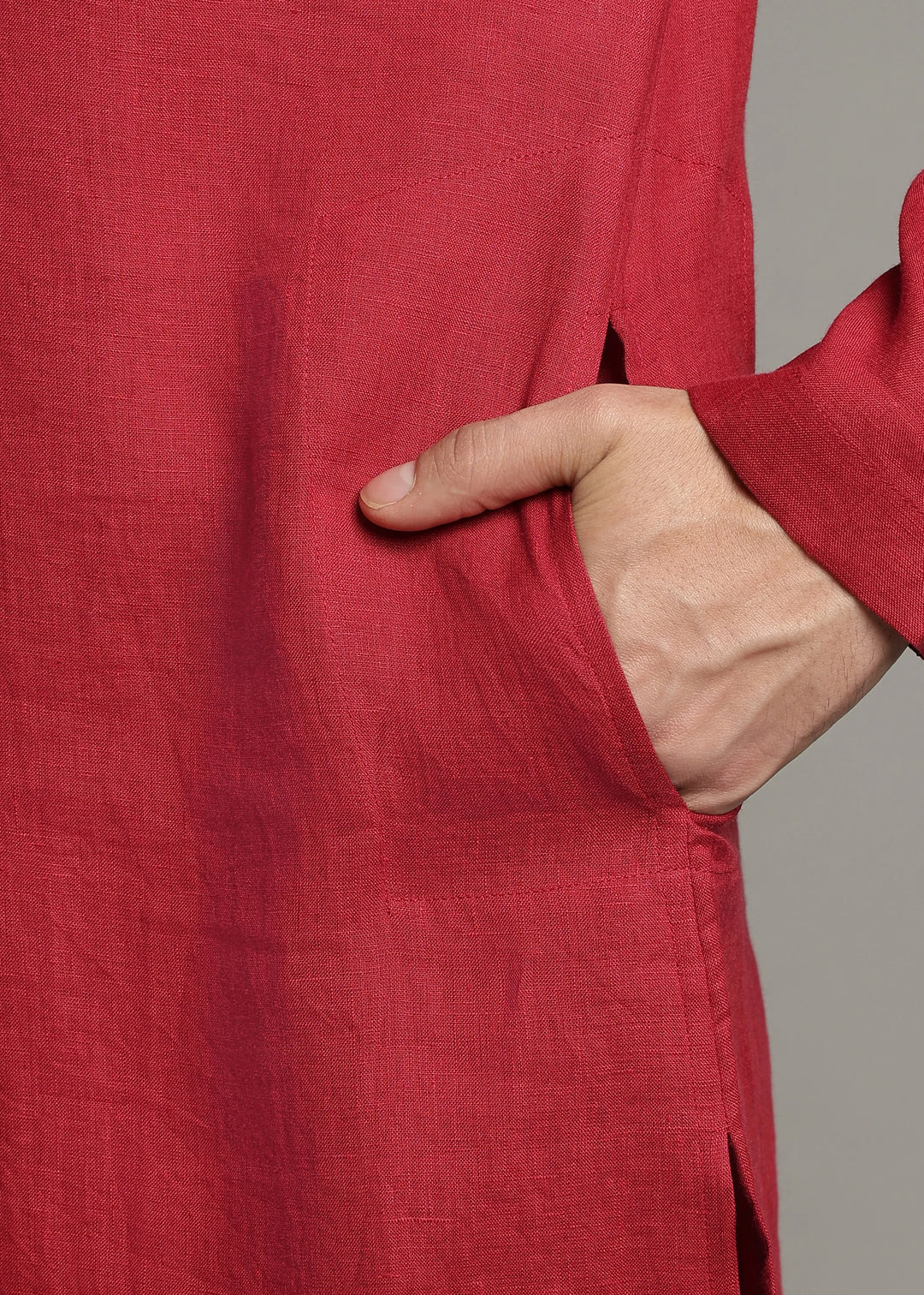 Vansh - Pure Linen Regular Kurta with Printed Placket detail - Mud Red