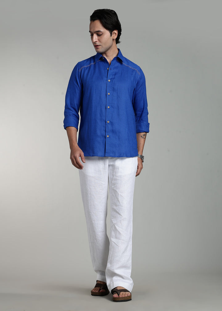 Nemo - Pure Linen Full Sleeve Shirt with False Flap Yoke and White Stitching Detailing - Egyptian Blue