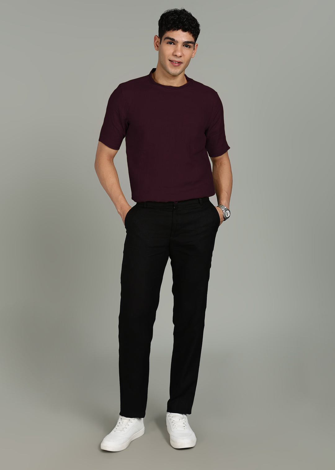 Ash - Pure Linen Mandrin Collar T-Shirt - Dark Purple