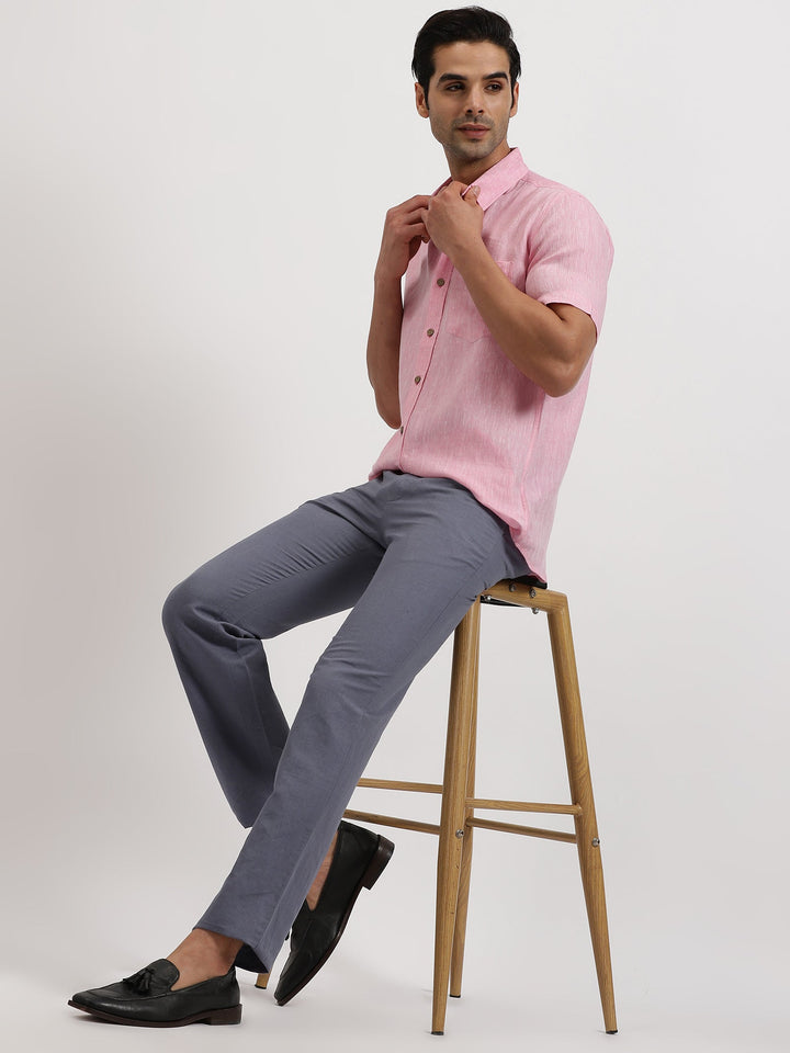 Bryce - Pure Linen Chambray Half Sleeve Shirt - Pink | Relove