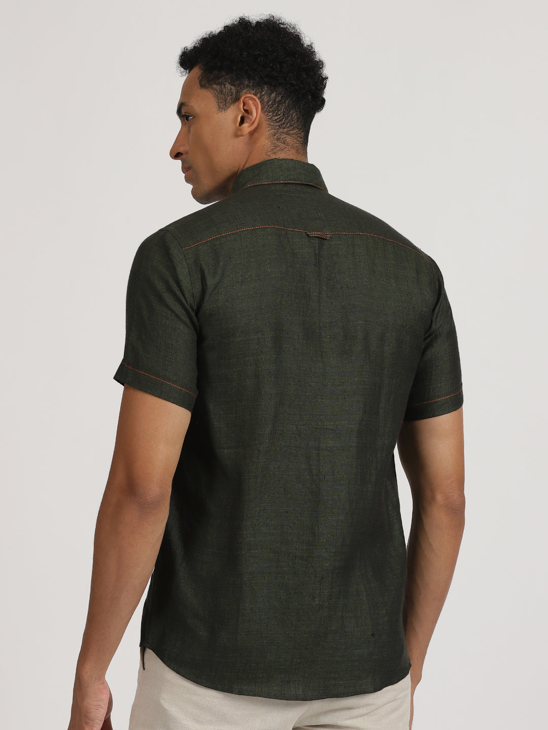 Peter - Pure Linen Stitch Detailed Half Sleeve Shirt - Forest Green