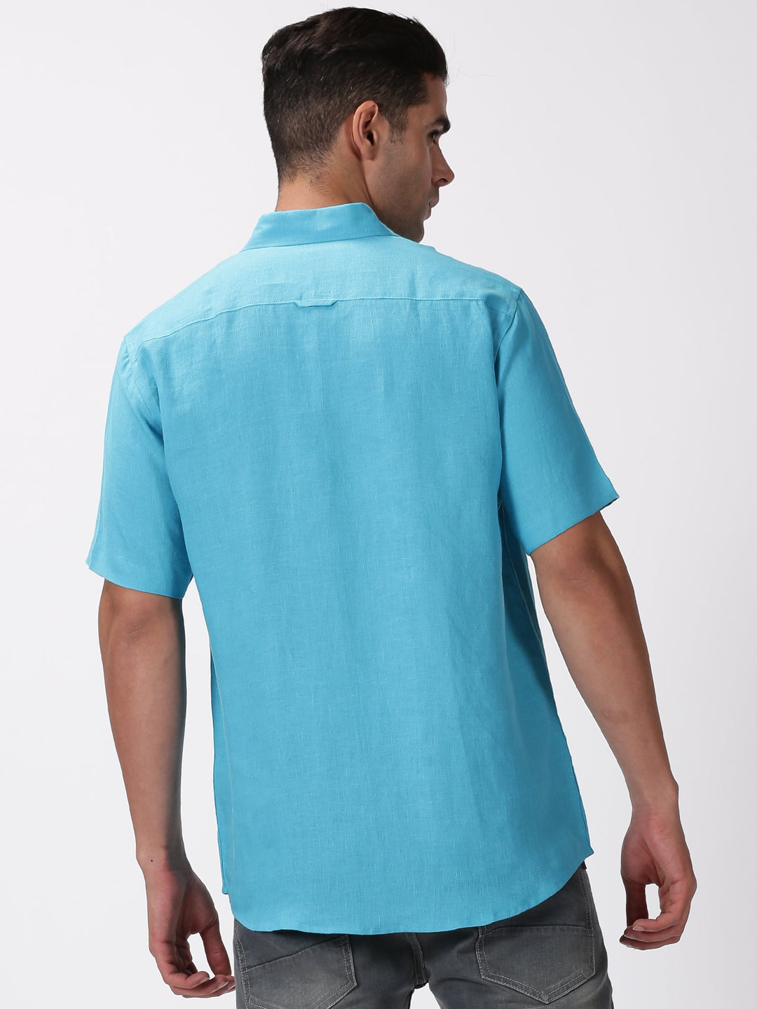 Kian - Pure Linen Regular Collar Half Sleeve Shirt - Aqua Blue | Rescue