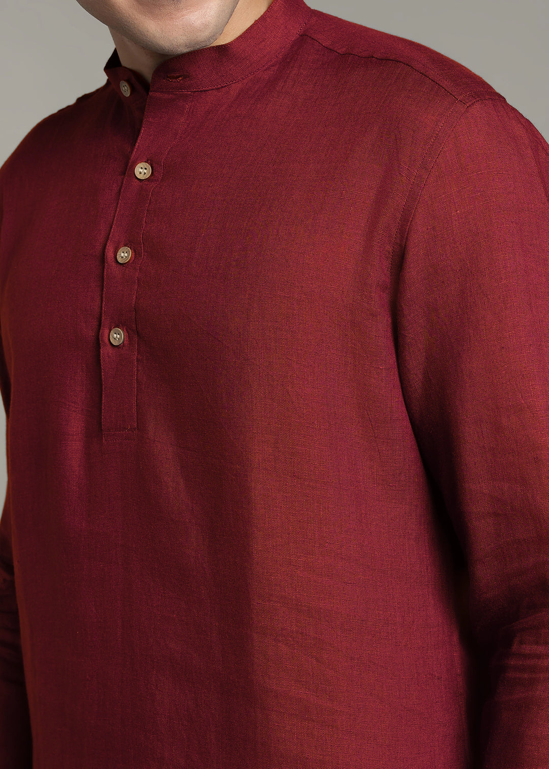 Saif - Pure Linen Full Sleeve Short Kurta with Hem Stitch Detail - Red Wine