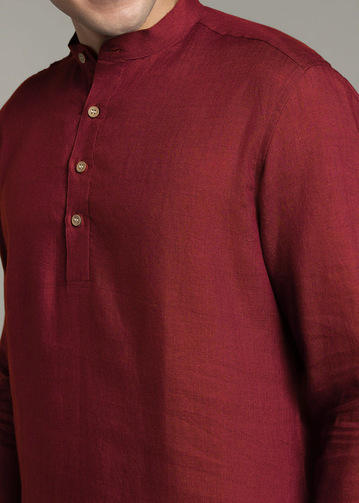 Saif - Pure Linen Full Sleeve Short Kurta with Hem Stitch Detail - Red Wine