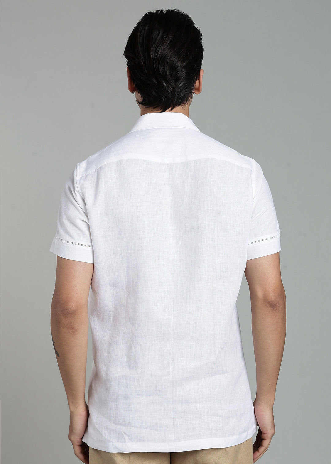 Zephr - Pure Linen Half Sleeve Cuban Collar Shirt with Lace Detail - White