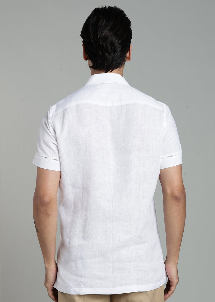 Zephr - Pure Linen Half Sleeve Cuban Collar Shirt with Lace Detail - White