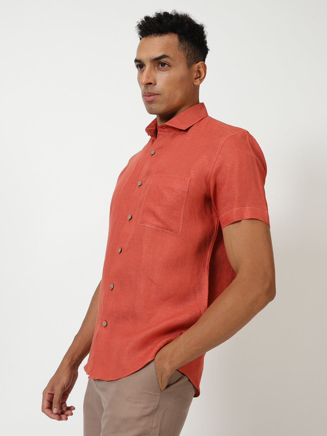 Charles - Pure Linen Half Sleeve Shirt - Saffron Red