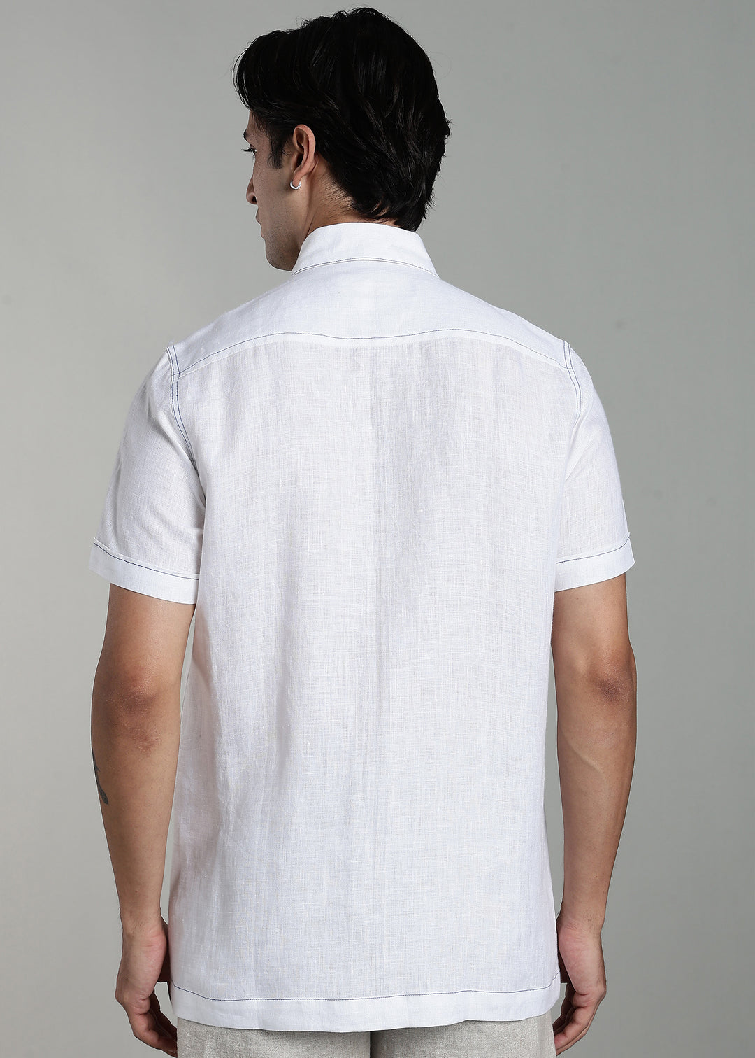 Eden - Pure Linen Half Sleeve with Contrast Stitch Detail - White & Egyptian Blue