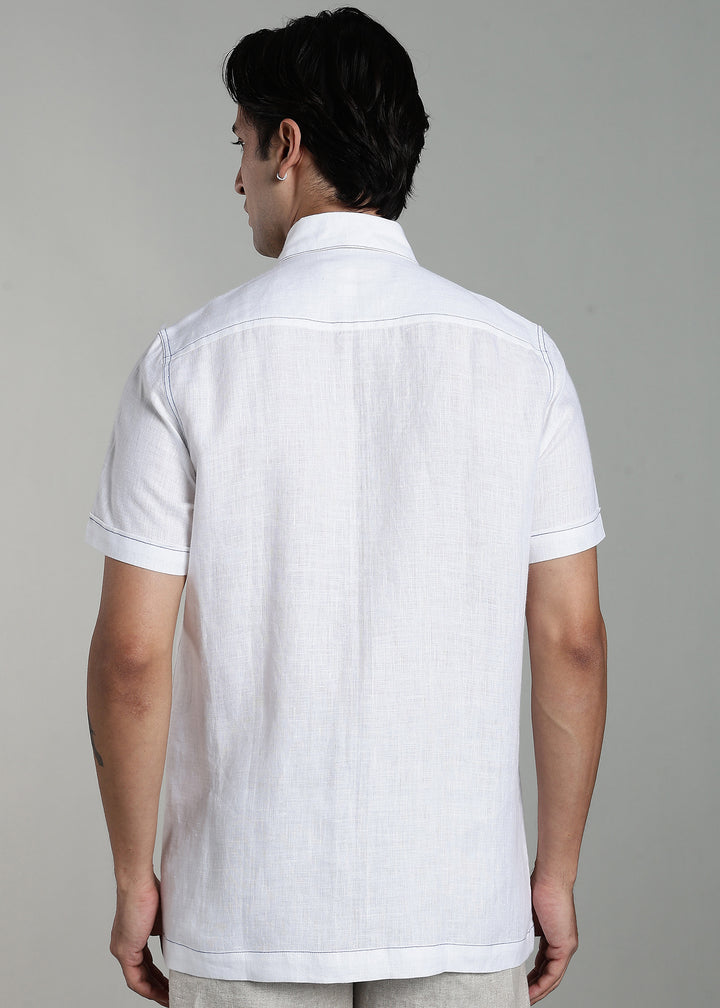 Eden - Pure Linen Half Sleeve with Contrast Stitch Detail - White & Egyptian Blue