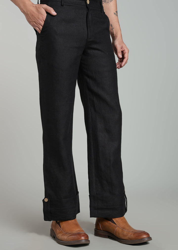 Vanta - Pure Linen Relaxed Trousers with Foldable Hem – Black
