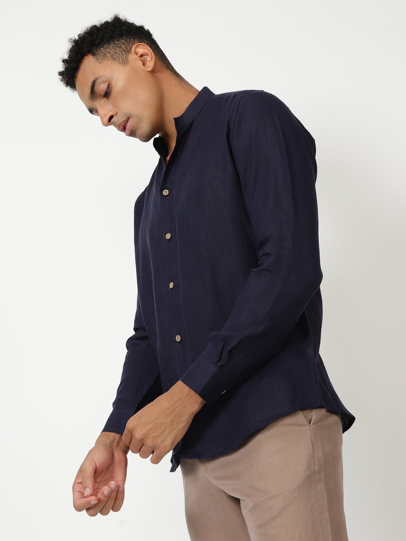 Craig - Pure Linen V Neck Full Sleeve Shirt - Dark Blue