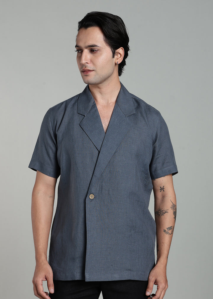 Kaze - Pure Linen Half Sleeve Notch Lapel Shirt - Gunmetal Grey
