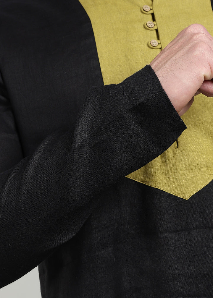 Gul - Pure Linen Mandarin Collar Regular Kurta - Black & Sap Green