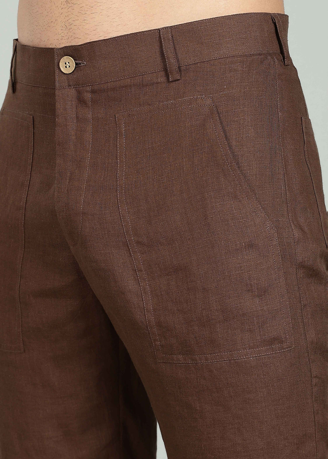 Noel Shorts - Pure Linen Shorts with Patch Pocket - Coffee Brown