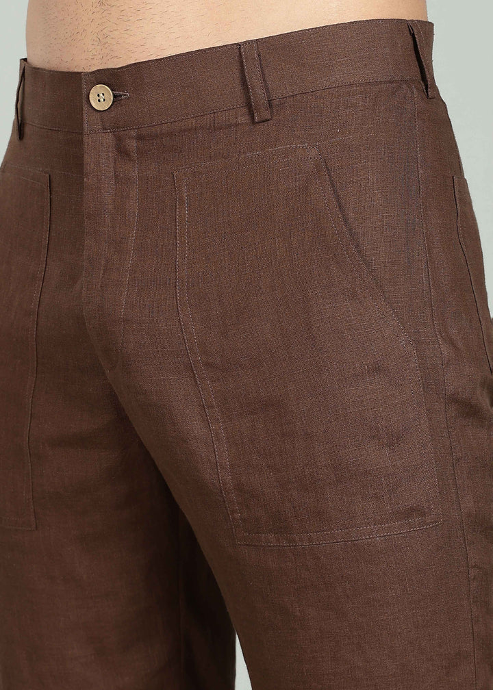 Noel Shorts - Pure Linen Shorts with Patch Pocket - Coffee Brown