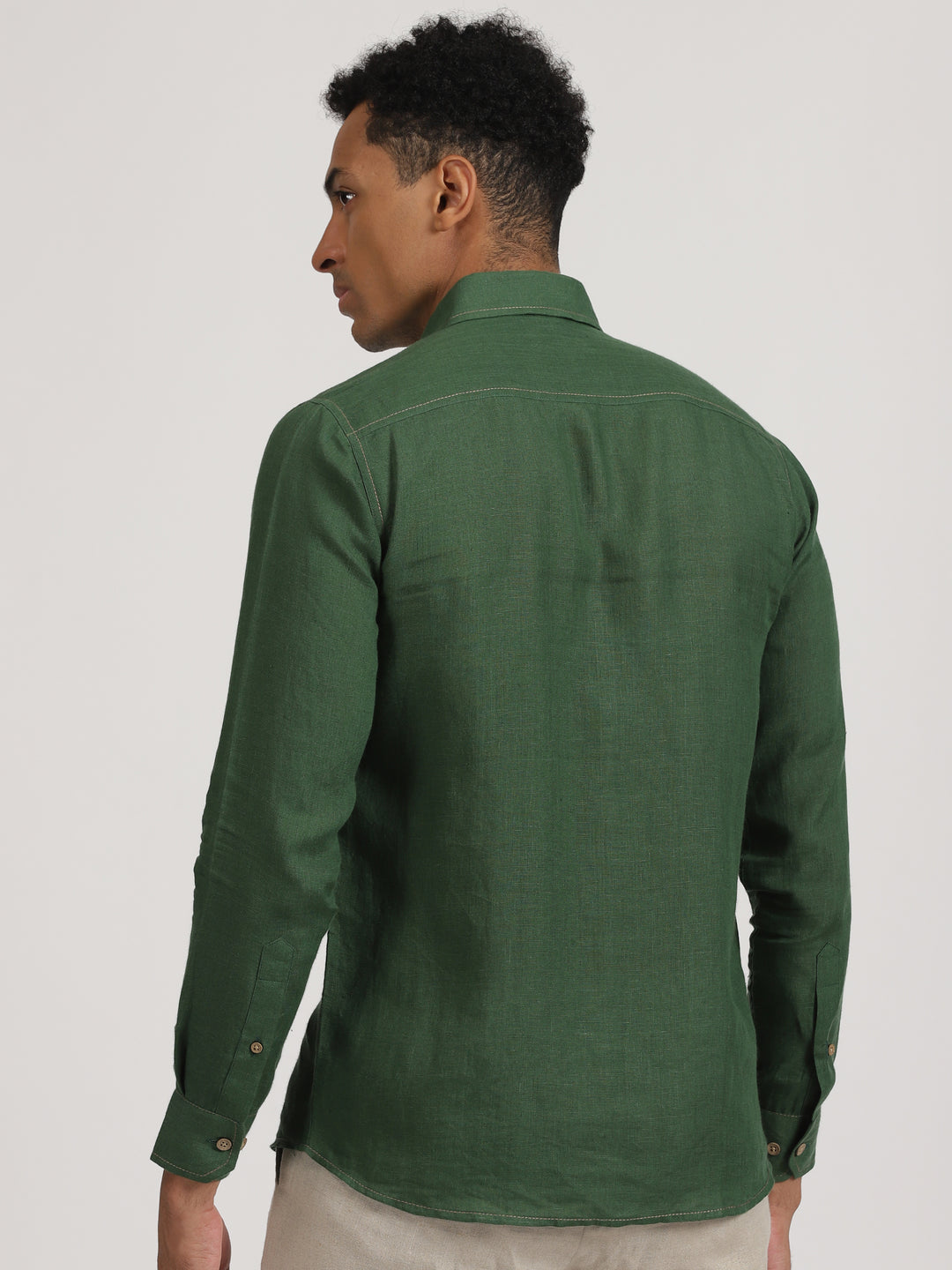 Paul - Pure Linen Stitch Detailed Full Sleeve Shirt - Dark Green