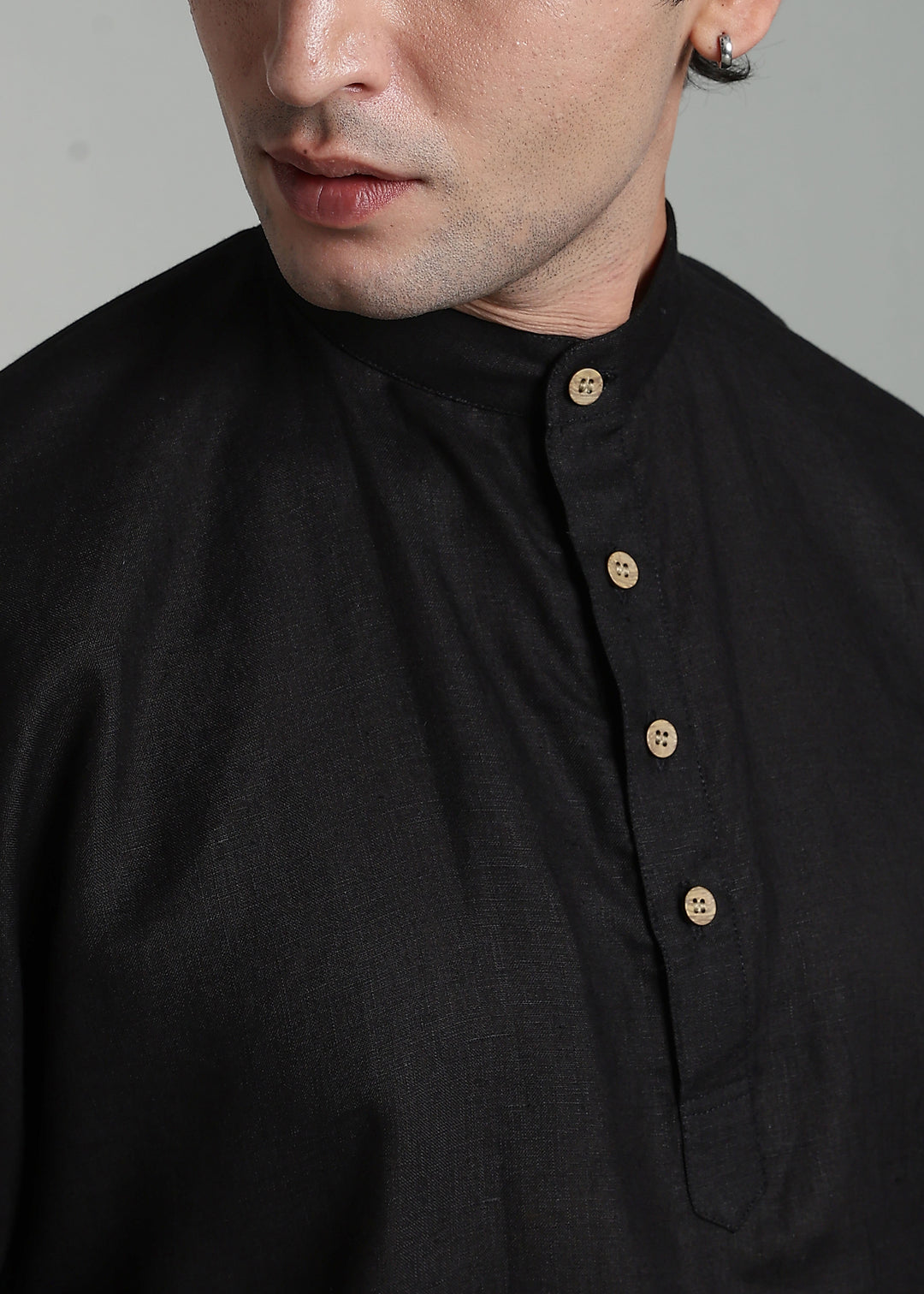 Sora - Three Quarter Sleeve Pure Linen Short Kimono Kurta - Black