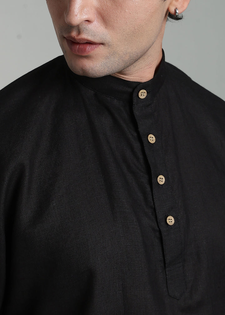 Sora - Three Quarter Sleeve Pure Linen Short Kimono Kurta - Black