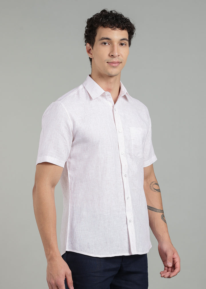 Mark - Pure Linen Half Sleeve Shirt - Red Pinstripe