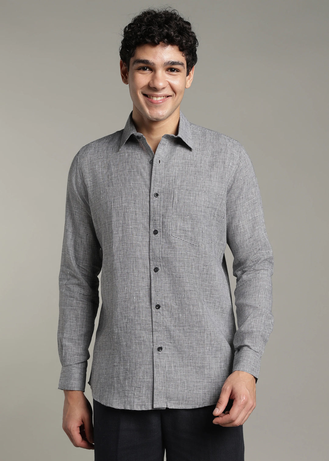 Harvey - Pure Linen Full Sleeve Shirt - Black Houndstooth