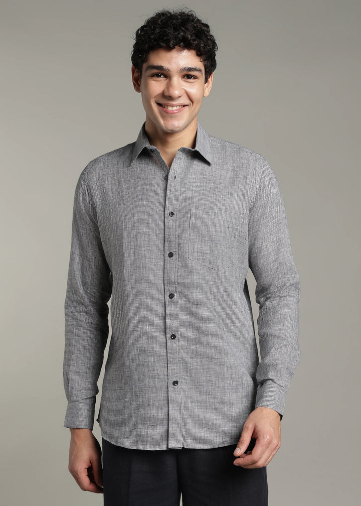 Harvey - Pure Linen Full Sleeve Shirt - Black Houndstooth
