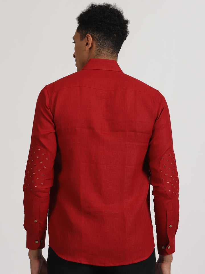 Ryker - Pure Linen Block Printed Dobby Full Sleeve Shirt - Mud Red